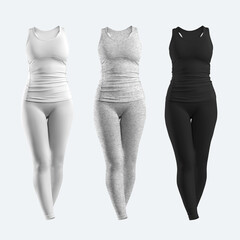 Mock up of white, heather, black t-shirt, leggings, sportswear 3D rendering, isolated on background, front view. Set