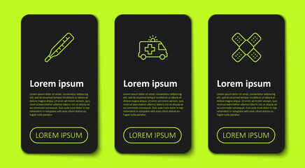 Set line Medical thermometer, Ambulance car and Crossed bandage plaster. Business infographic template. Vector