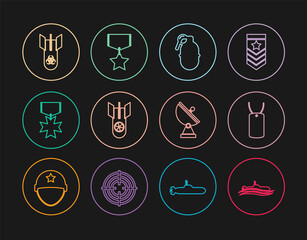 Set line Submarine, Military dog tag, Hand grenade, Nuclear bomb, reward medal, Biohazard, Radar and icon. Vector