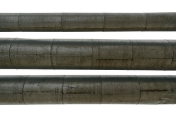 Metal pipes isolated on white background. Three pipes with casing.