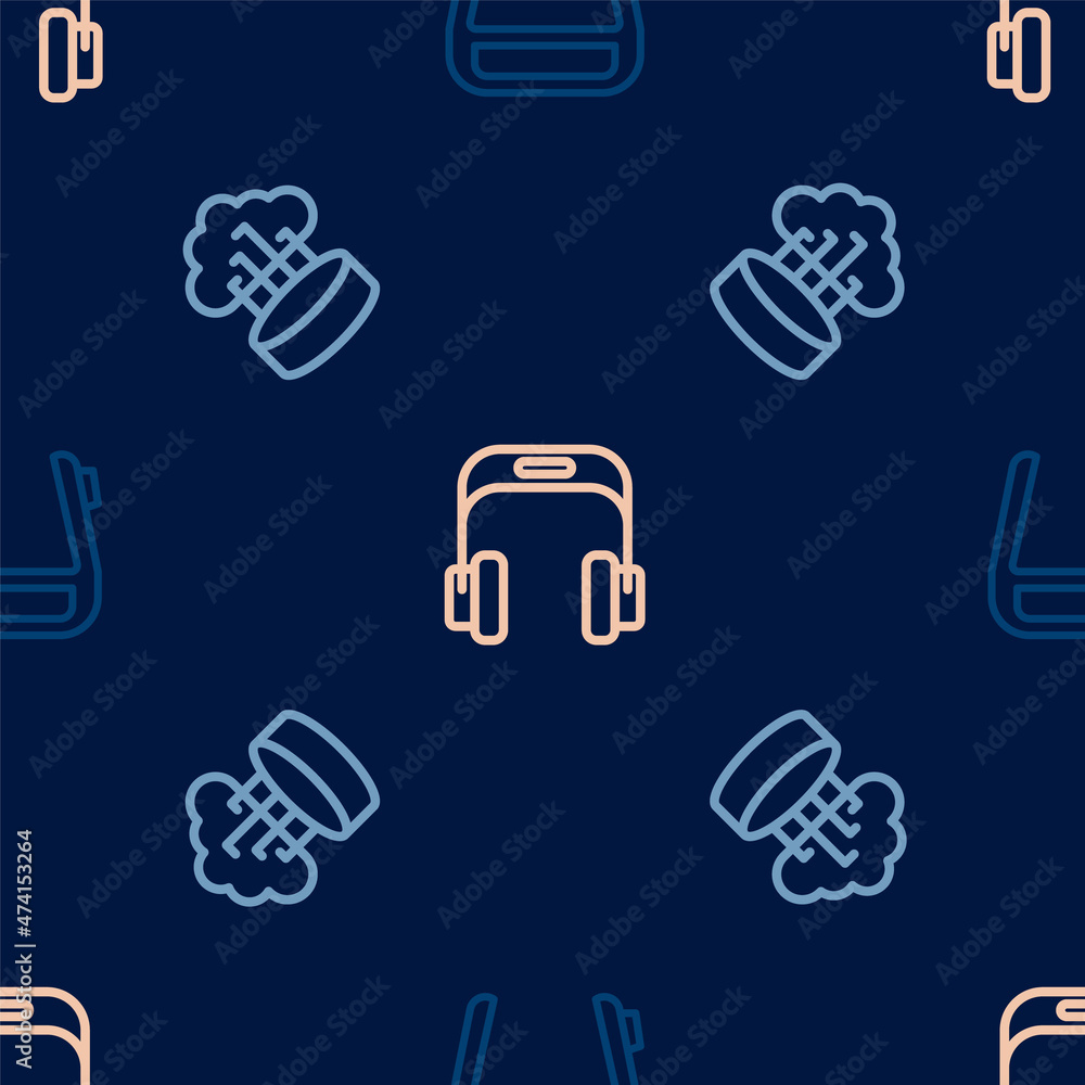 Poster Set line Smart glasses on spectacles, Network cloud connection and Headphones on seamless pattern. Vector