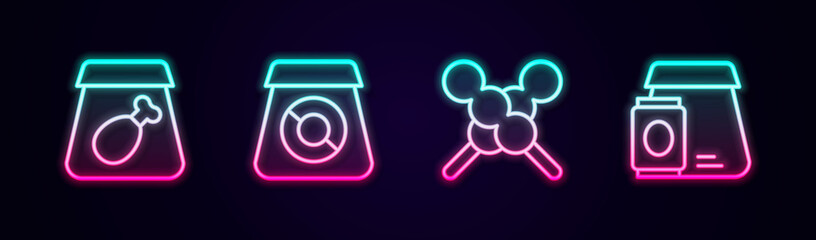Set line Online ordering meal, food, Meatballs on wooden stick and . Glowing neon icon. Vector