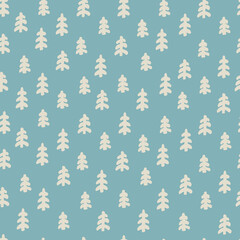 Seamless repeating pattern with snowy fir trees. Christmas, New Year Eve, winter concept. Blue background for wrapping paper, surface design and other design projects