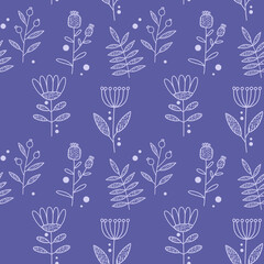 Seamless pattern with contoured flowers and plants on a red-purple background.