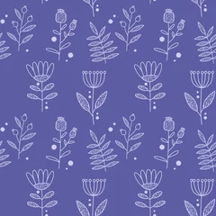 Wall murals Very peri Seamless pattern with contoured flowers and plants on a red-purple background.