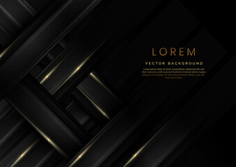 Abstract 3D grey and black luxury geometric diagonal overlapping shiny black background with lines golden glowing with copy space for text.