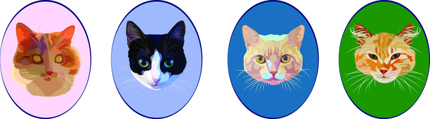 Vector collection of portraits of cats. Set of different breeds of domestic cats. For printing on fabric, paper and the like.