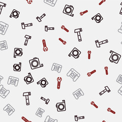 Set line Roulette construction, Hammer, House plan and Wrench spanner on seamless pattern. Vector