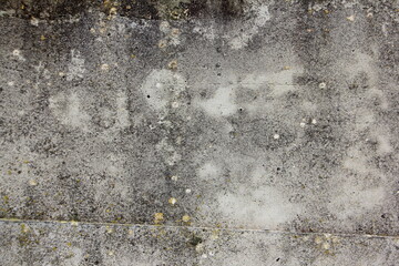 An old dry concrete wall with gray spots and an oblique seam interspersed with moss background texture