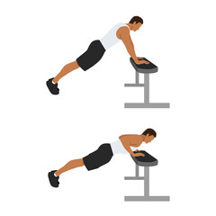 Obraz premium Chest Exercises. Incline Push Up. Flat Design Bodybuilder Character push up on a bench.