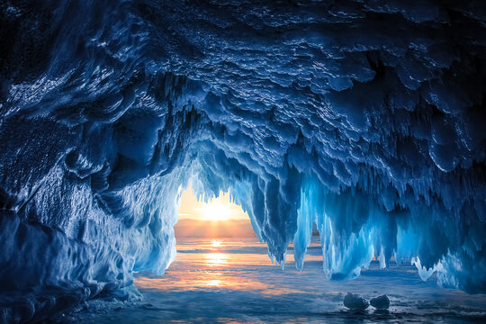 Sunset in the ice cave. Winter landscape. Lake Baikal.