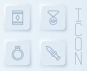 Set line Magic carpet, Medallion on chain with eye, stone ring and Dagger. White square button. Vector