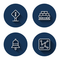 Set line Exclamation mark in square, Cargo train wagon, Train station bell and Railway map with long shadow. Blue circle button. Vector