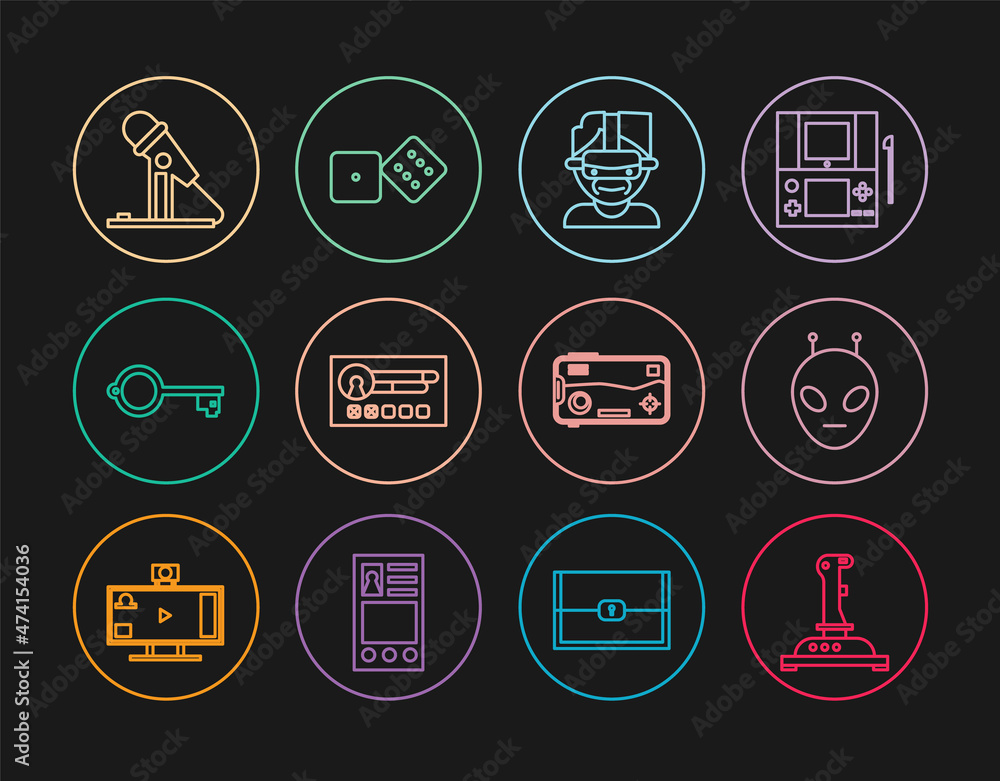 Poster set line joystick for arcade machine, alien, virtual reality glasses, create account screen, ancient
