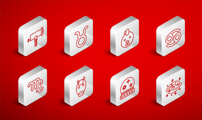 Set line Milky way spiral galaxy, Taurus zodiac, Rooster, Cancer, Magic ball, Telescope, Horse and Virgo icon. Vector