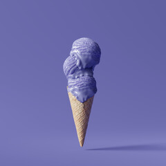 Ice cream cone. Minimal trend, Color of the year 2022 Very Peri. 3d rendering