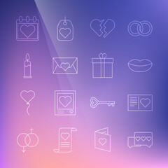 Set line Like and heart, Valentines day flyer with, Smiling lips, Broken, Envelope, Burning candle, Calendar and Gift box icon. Vector