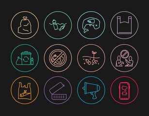Set line Megaphone on mobile, Stop plastic pollution, Environment protection whale dead, No trash, Recycle bin with recycle, Garbage bag, Problem of planet and the ocean icon. Vector