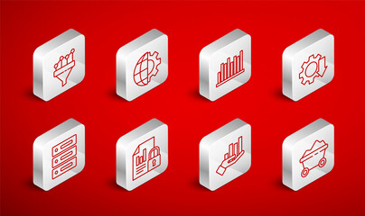 Set line Coal mine trolley, Globe of the Earth and gear, Pie chart infographic, Cost reduction, Sales funnel with, Document lock and Server, Data, Web Hosting icon. Vector