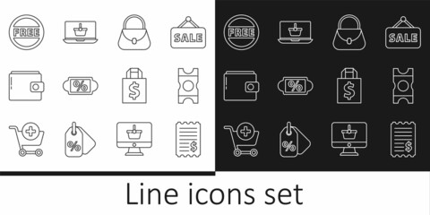 Set line Paper check and financial check, Coupon, Handbag, Discount percent tag, Wallet, Price with Free, Shoping dollar and Shopping basket laptop icon. Vector