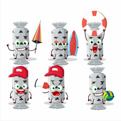 Happy Face white long candy package cartoon character playing on a beach