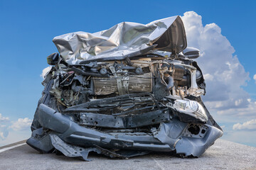 The wreckage of a car in front of a bronze car was wrecked like a wreck until it turned to scrap.