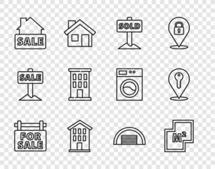 Set line Hanging sign with For Sale, House plan, text Sold, Garage and Location key icon. Vector