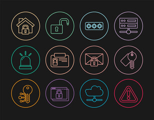 Set line Exclamation mark in triangle, Marked key, Password protection, Identification badge, Motion sensor, House under, Mail message lock password and Open padlock icon. Vector
