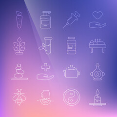 Set line Aroma candle, Oil bottle, Acupuncture therapy, Syringe, Laboratory glass leaves, Plant, Carrot and Collagen serum icon. Vector