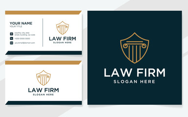 Law firm logo and shield suitable for lawyer, court or law office with business card template