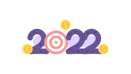 dartboard illustration, coins and numbers 2022. business strategy and planning. business opportunity 2022. flat cartoon style. vector design