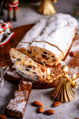 Christmas curd stollen on a Christmas rustic background