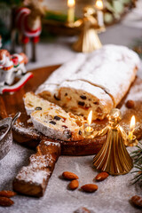 Christmas curd stollen on a Christmas rustic background