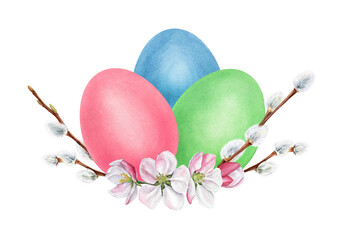 Red, green, blue Easter eggs, apple blossoms, willow branches. Easter composition. Watercolor illustration.