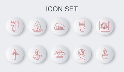 Set line Plant in pot, Wind turbine, CO2 emissions cloud, Recycle, Electric plug, Water energy, Earth globe and plant and Solar panel icon. Vector