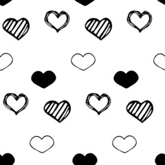 Black doodle hearts seamless pattern on white background. Fashion love graphics design. Valentine day print concept. Template for fabric, background. 