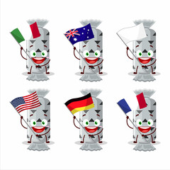 White long candy package cartoon character bring the flags of various countries