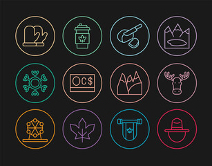 Set line Canadian ranger hat, Moose head with horns, Peameal bacon, dollar, Snowflake, Christmas mitten, Mountains and Coffee cup to go icon. Vector