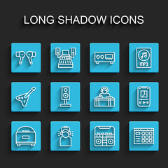 Set line Stereo speaker, Man in headphones, Air, Home stereo with speakers, Drum machine, Music player and DJ playing music icon. Vector