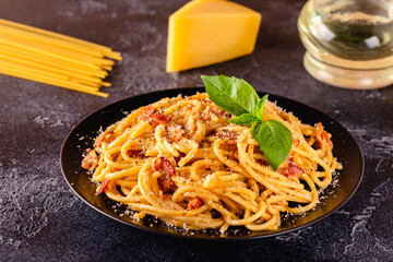 Homemade сarbonara pasta with pancetta, egg, hard parmesan cheese and cream sauce