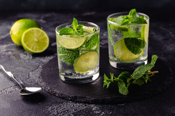 Refreshing summer alcoholic cocktail mojito with ice, fresh mint and lime