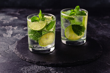 Refreshing summer alcoholic cocktail mojito with ice, fresh mint and lime