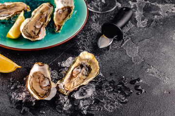 Opened fresh oysters on a dark table, served with lemon and ice.