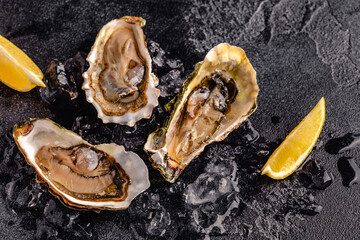 Opened fresh oysters on a dark table, served with lemon and ice.