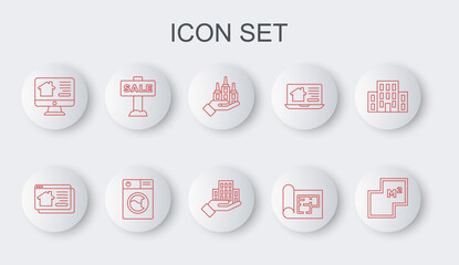 Set line House plan, Online real estate house, Skyscraper, Hanging sign with Sale, Washer and icon. Vector