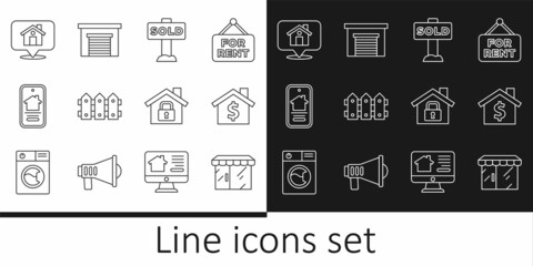 Fototapeta na wymiar Set line Market store, House with dollar symbol, Hanging sign text Sold, Garden fence wooden, Online real estate house, Location, under protection and Garage icon. Vector
