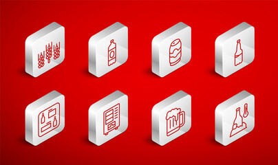 Set line Cold beer bottle, Plastic, Beer can, Wooden mug, Wheat, Vending machine and menu icon. Vector