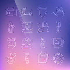 Set line Sauna clock, Cup of tea with tea bag, brush, mittens, Water drop, Essential oil bottle, Cream or lotion cosmetic tube and slippers icon. Vector
