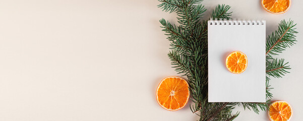 Christmas trendy composition blank open notebook, fir branches, dried orange on white background. To do list, winter, new year goals concept. Flat lay, top view, copy space, place for text, banner