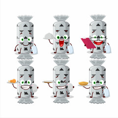 happy white long candy package waiter cartoon character holding a plate